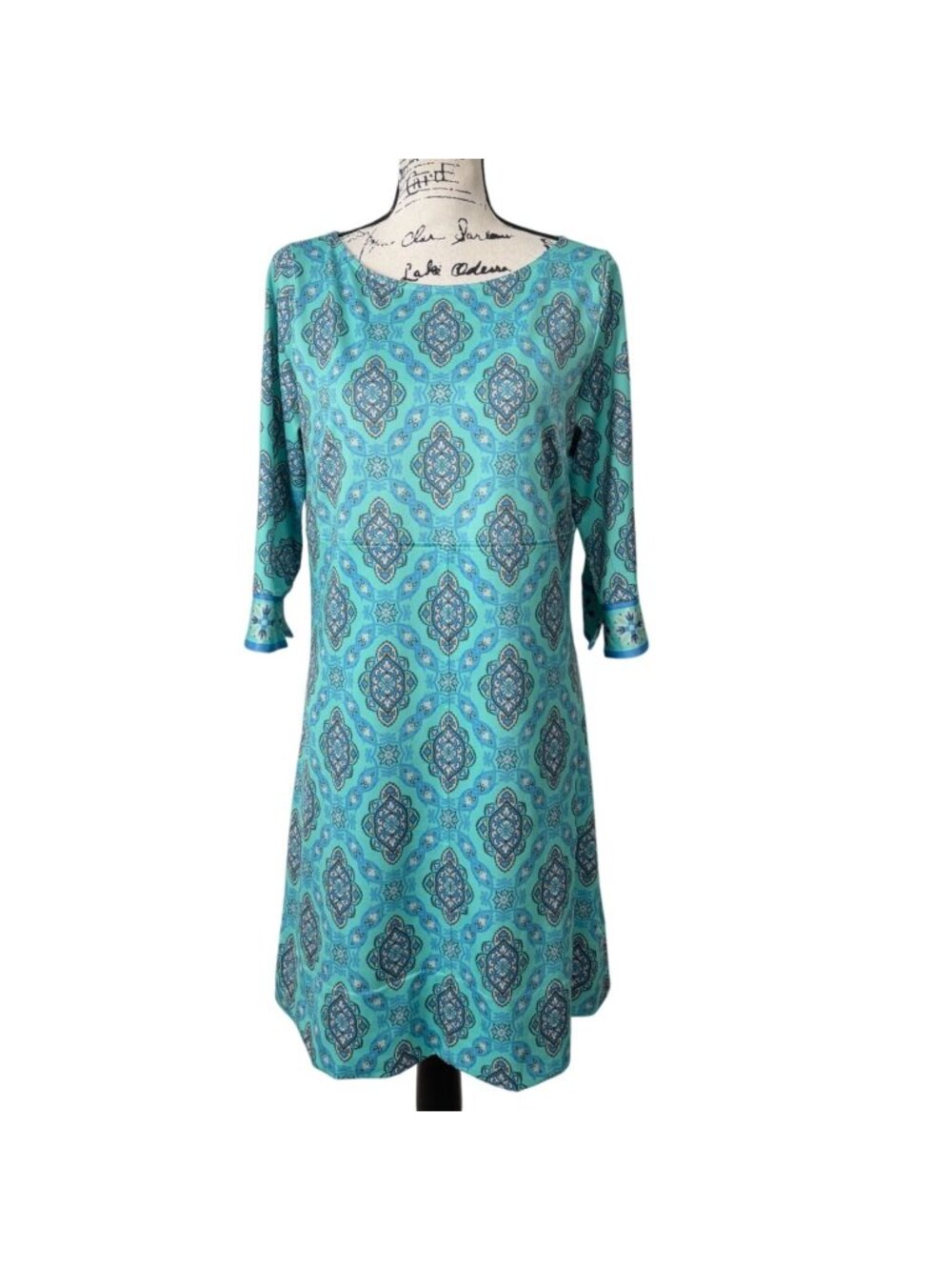 Gretchen Scott Womens Size L Dress Turquoise Medallion Print 3/4 Sleeve Boat-Nec